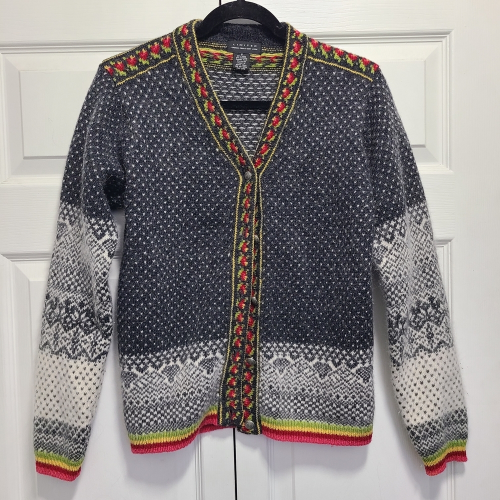 The Limited wool angora rabbit hair blend cardigan sweater Nordic fair isle‎ S